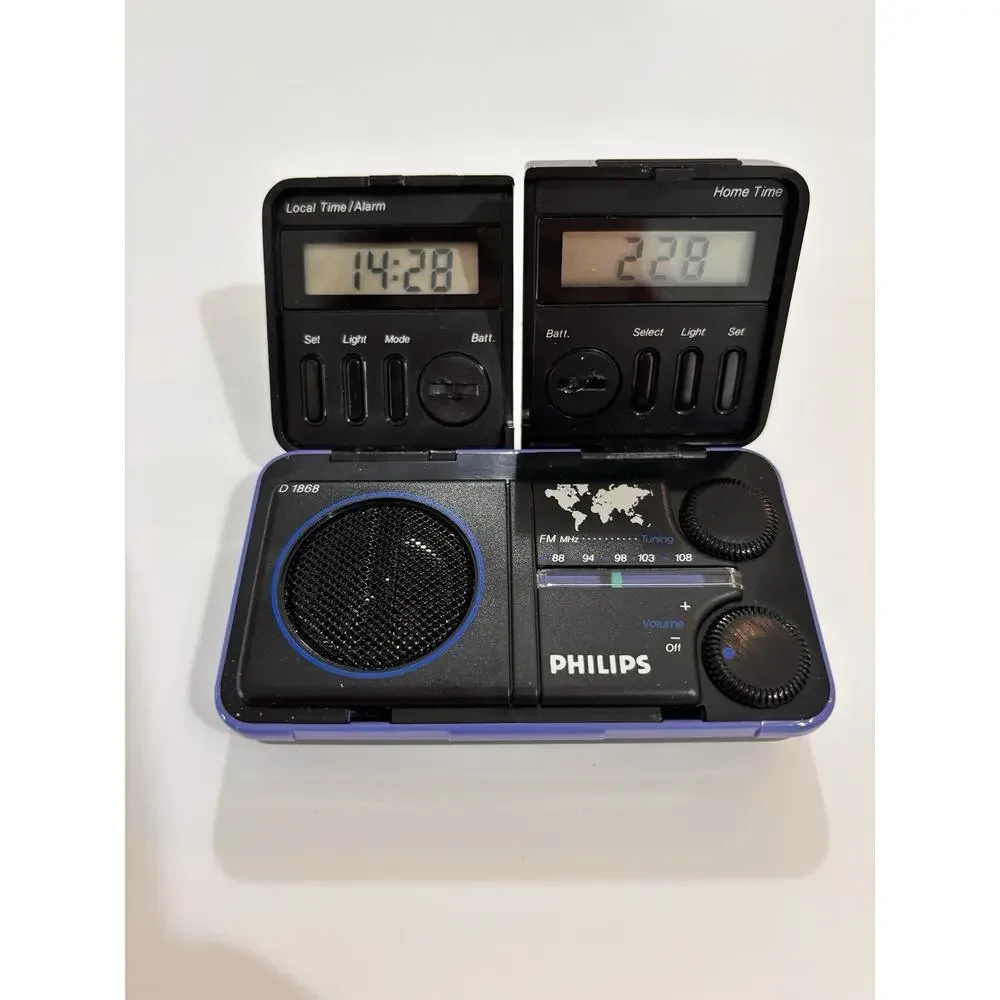 Vintage 1986 Phillips Mini Travel Radio Clock Dual Time Model D-1868 New Battery